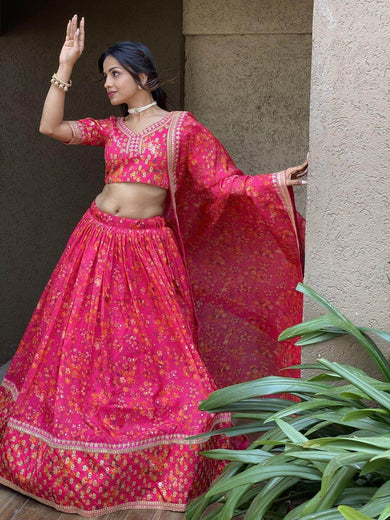 Wonderful Pink Floral Printed Organza Lehenga Choli With Dupatta - Ethnic Plus In